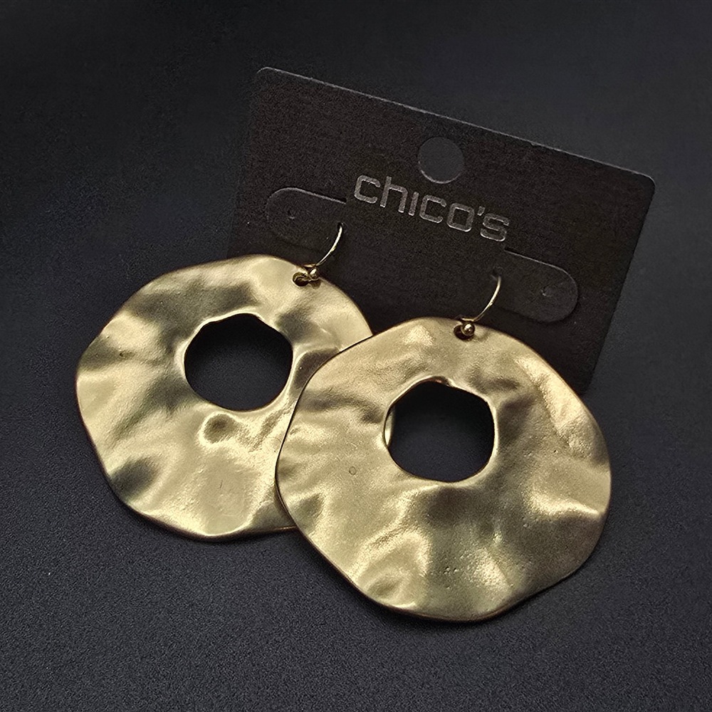 Chico's Gold Tone Hammered Wavy Open Circle Drop Earrings
